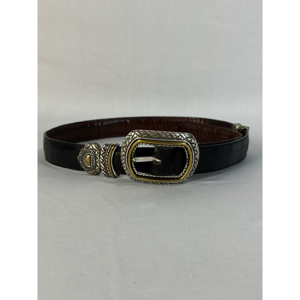 VTG Brighton Women Reversible Leather Belt Silver Buckle Black/Brown Croc S/28
